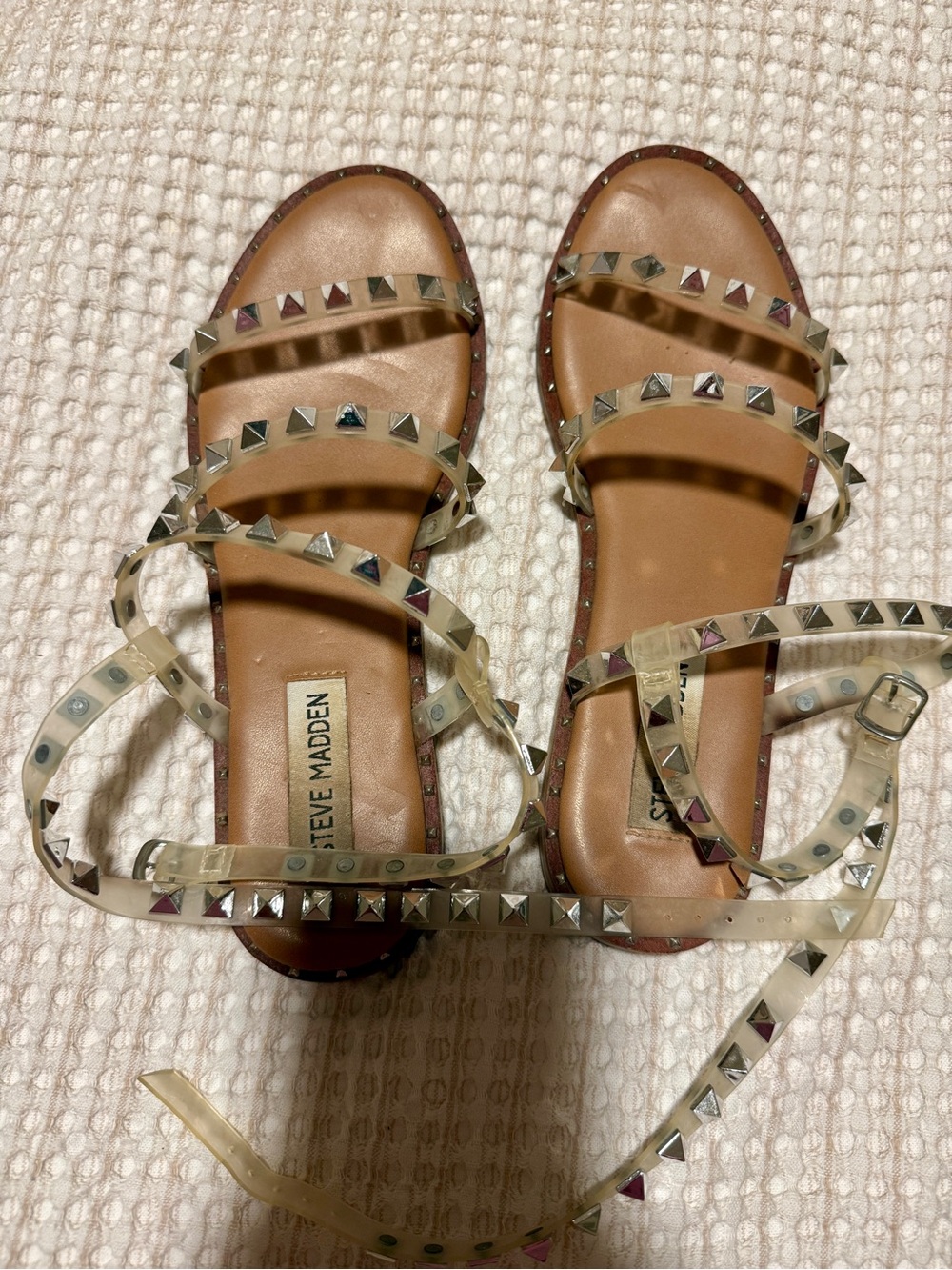Steve Madden Tan Footbed Clear Strappy Sandals with Silver Studs